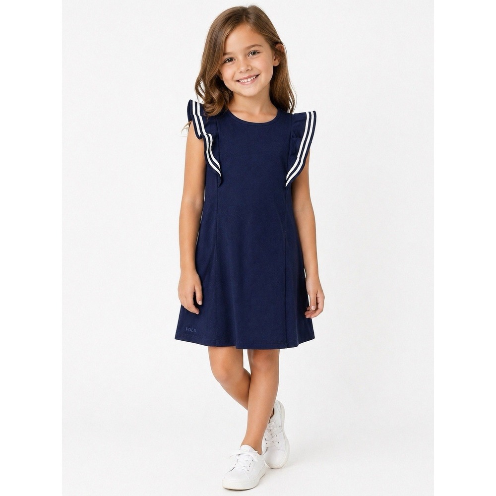 Polo Ralph Lauren Navy Girls Ruffled Stretch Ponte Dress Girls Size 6 Nautical